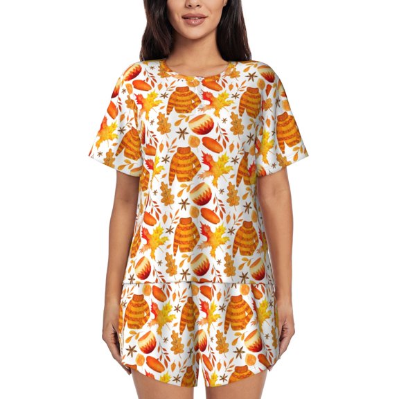 Rateoe Autumn Sweater Warmth Pattern Women's Short-Sleeved Pajama Set - 2 Piece Soft and Lightweight Sleepwear Set-