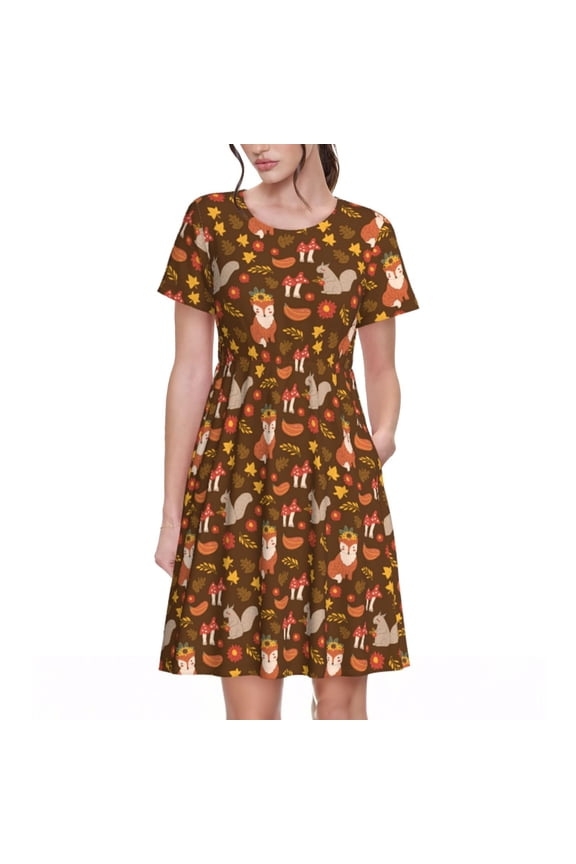 Autumn Thanksgiving Pattern Women’s Short Sleeve Dress – Casual Elegant Summer A-Line Dress for Everyday Wear