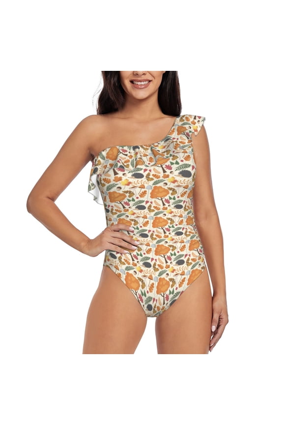 Autumn With Hedgehog Pattern Women One Piece Swimsuits Tummy Control One Shoulder Bathing Suits Ruffle Swimwear-Medium