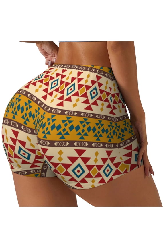 Aztec Printed Power Workout Shorts for Women Tummy Control Squat Proof Ribbed Thick Seamless Scrunch Active Short-Small