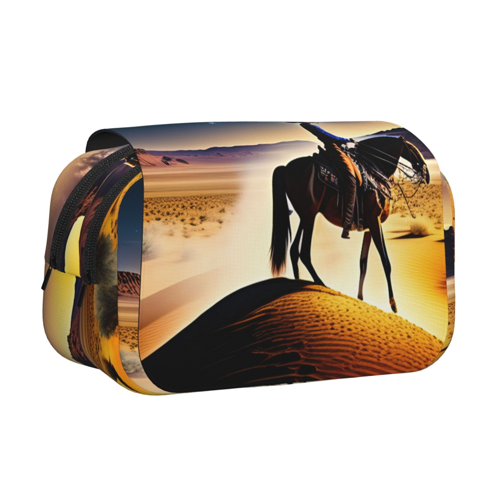 Rateoe Azure Sky Western Desert Cowboy Pattern Double Clamshell Pen Case, Storage Organizer with Two Zipper Compartments– Holds Up to 50 Pencils & Pens