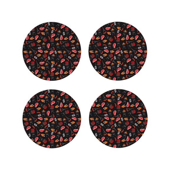 Rateoe BBQ Drawing Drink Coasters Set of 4 Leather Coasters Spill Protection for Table Desk,Durable and Non Slip Leather Coaster ,4 Inches Drink Mats-Round Shape