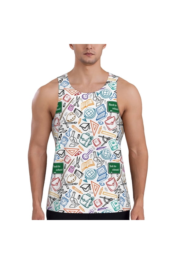 Back To School Pattern Sleeveless Gym Shirt Muscle Tee Breathable Workout Shirt Slim-Fit Tank Quick Dry Fit Muscle Tank Top Bodybuilding Sleeveless T Shirt-Large