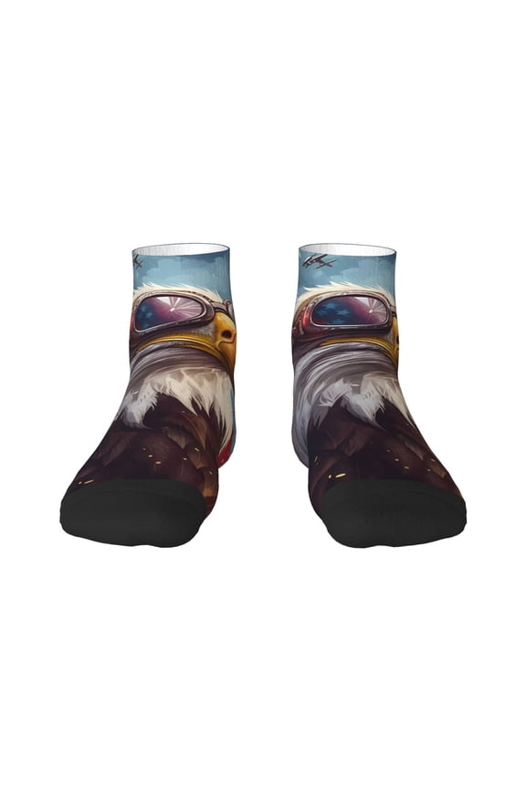 Bald Eagle Pilot Pattern Quarter Crew Socks,Toe Seamed Ankle Socks,Cotton Cushioned Breathable Athletic Crew Sports Socks