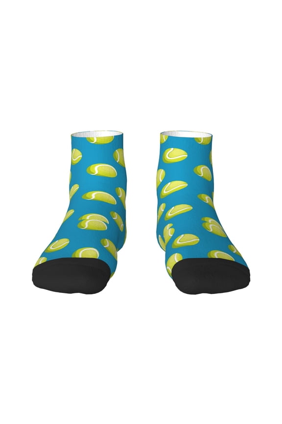 Ball Tennis Pattern Quarter Crew Socks,Toe Seamed Ankle Socks,Cotton Cushioned Breathable Athletic Crew Sports Socks