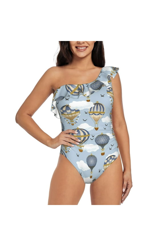 Balloon Vintage Pattern Women One Piece Swimsuits Tummy Control One Shoulder Bathing Suits Ruffle Swimwear-