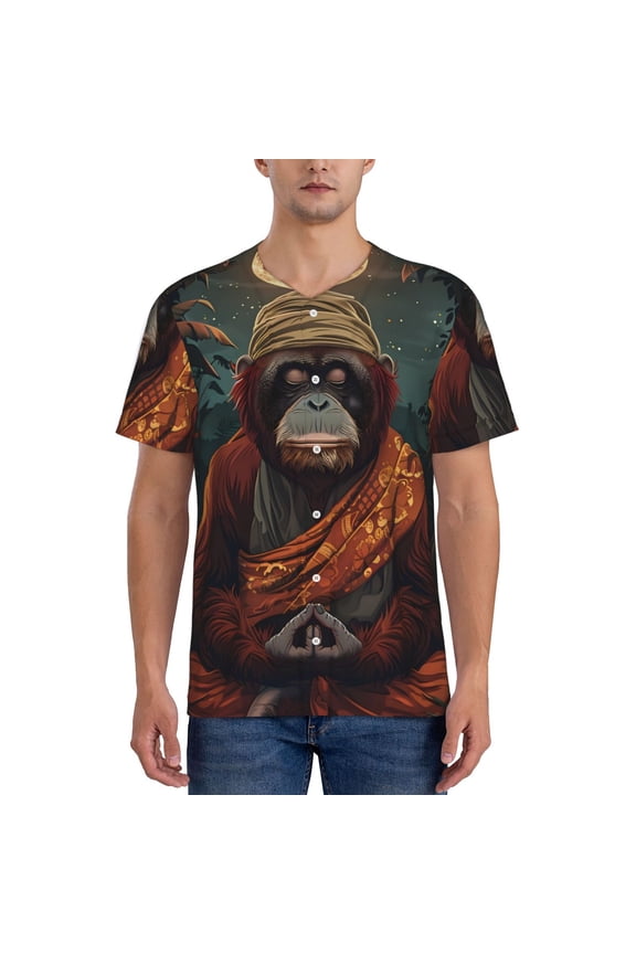 Banana Leaf Meditating Gorilla Pattern Men’s Baseball Short Sleeve Polo Shirt, Midweight Men's Shirt Golf Shirt Polo Shirts Quick Dry Short-Large