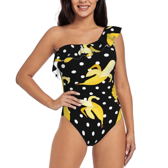 Rateoe Banana Pattern Women One Piece Swimsuits Tummy Control One Shoulder Bathing Suits Ruffle Swimwear-X-Large