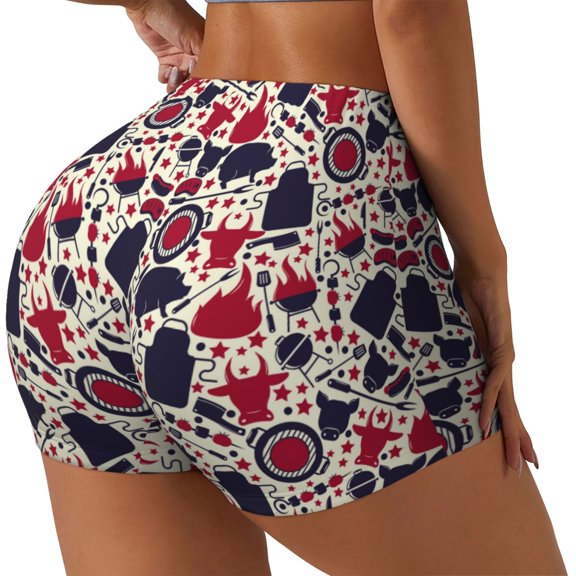 Rateoe Barbeque1 Printed Power Workout Shorts for Women Tummy Control Squat Proof Ribbed Thick Seamless Scrunch Active Short-X-Large
