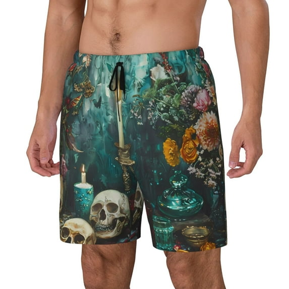 Rateoe Baroque Floral Still Life Pattern Men’s Swim Shorts with Compression Liner – Double-Layered Quick-Dry Swimwear, Comfortable & Stretchy Beach Shorts-Medium