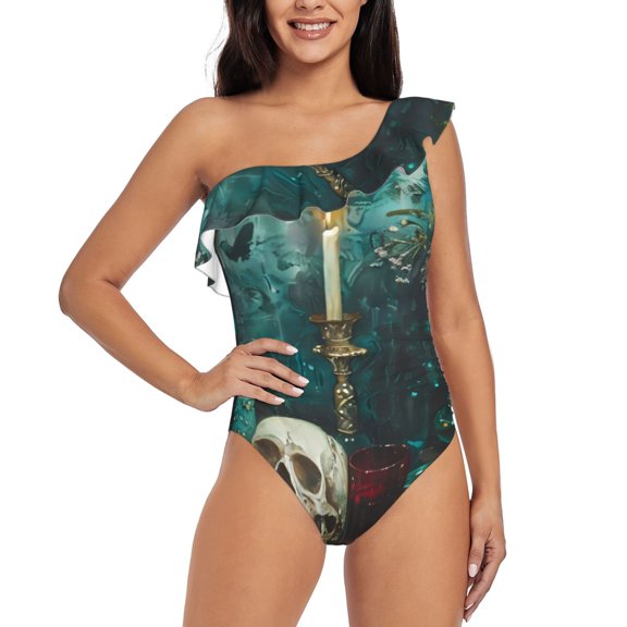 Rateoe Baroque Floral Still Life Pattern Women One Piece Swimsuits Tummy Control One Shoulder Bathing Suits Ruffle Swimwear-