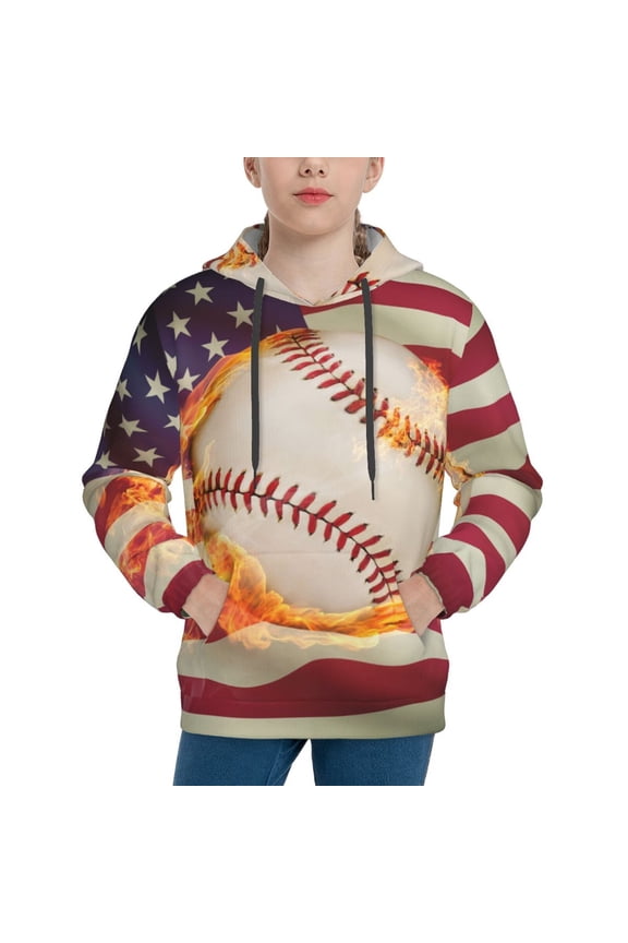 Baseball Ball With Flag Pattern Boys Hoodie, Youth Pullover Hooded Sweatshirt, Kangaroo Pocket Hoodie for Kids-