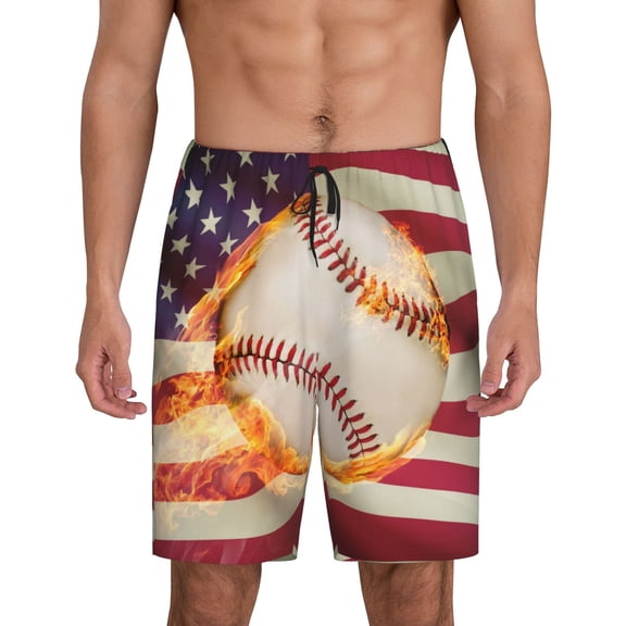 Rateoe Baseball Ball With Flag Print Men's Lounge Shorts – Soft & Breathable Pajama Bottoms with Pockets, Elastic Waistband, Lightweight Sleepwear for Nightwear & Loungewear-Large