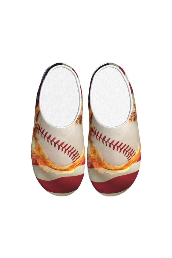 Baseball Ball With Flag Print Women's Men's Cotton Knit Slippers Lightweight Memory Foam Indoor House Shoes with Anti-Skid Sole-46/47