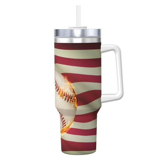Rateoe Baseball Ball With Flag Printed 40OZ Ice Bully With Handle - Stainless Steel Travel Cup Portable for Hot & Cold Drinks, Travel, Gym, Home, and Outdoor Activities