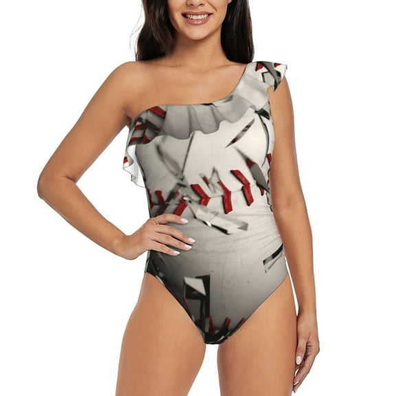 Rateoe Baseball Breaking Glass Pattern Women One Piece Swimsuits Tummy Control One Shoulder Bathing Suits Ruffle Swimwear-Medium