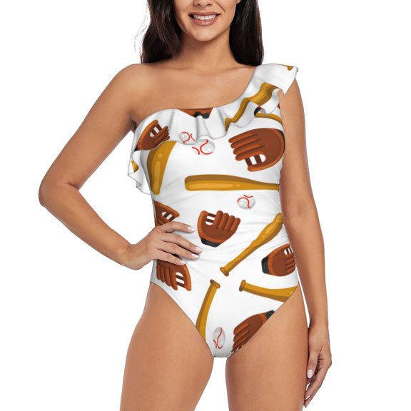 Rateoe Baseball Sport Pattern Women One Piece Swimsuits Tummy Control One Shoulder Bathing Suits Ruffle Swimwear-X-Large