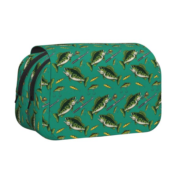 Rateoe Bass Fish Pattern Double Clamshell Pen Case, Storage Organizer with Two Zipper Compartments Holds Up to 50 Pencils & Pens