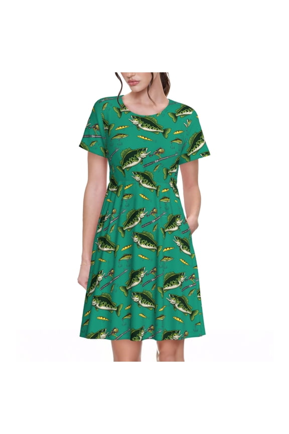 Bass Fish Pattern Women’s Short Sleeve Dress – Casual Elegant Summer A-Line Dress for Everyday Wear