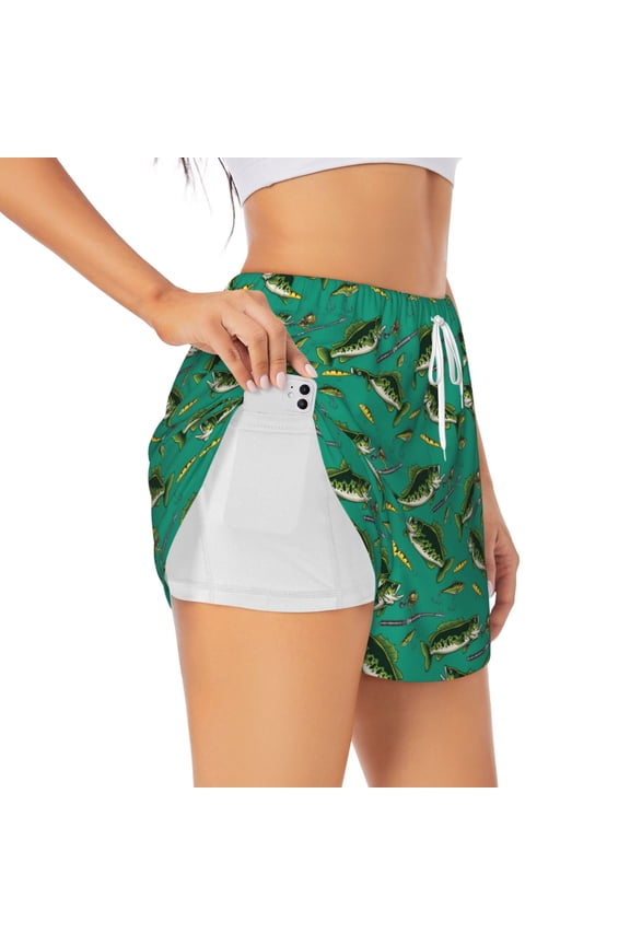 Bass Fish Printed 2 in 1 Women's Workout Shorts for Athletic Gym Running Shorts with Phone Pockets-Small