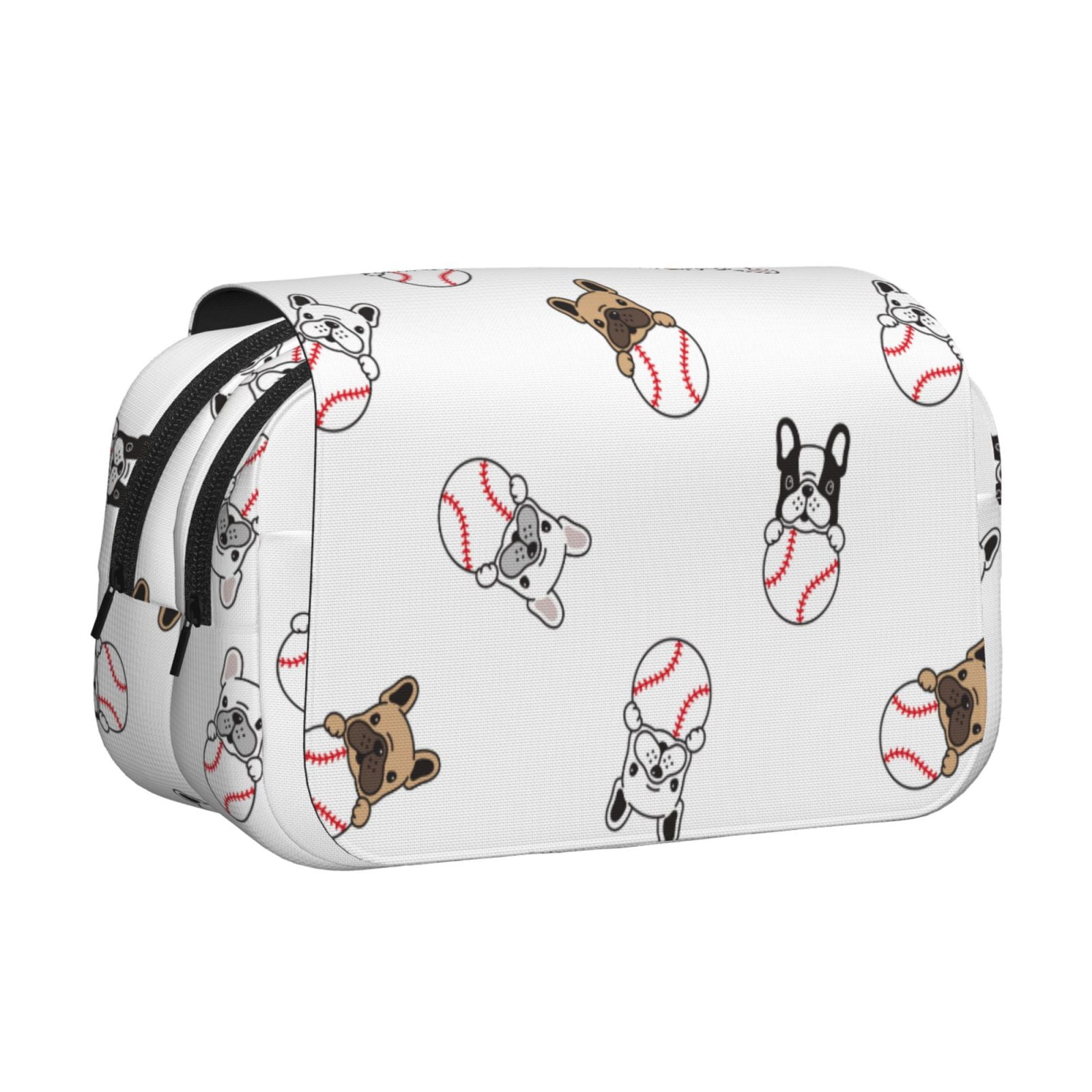 Rateoe Bbaseball Dog Pattern Double Clamshell Pen Case, Storage Organizer with Two Zipper Compartments– Holds Up to 50 Pencils & Pens