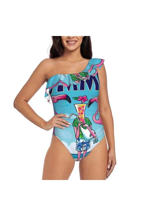 Beach Flamingo Trio Pattern Women One Piece Swimsuits Tummy Control One Shoulder Bathing Suits Ruffle Swimwear-XX-Large