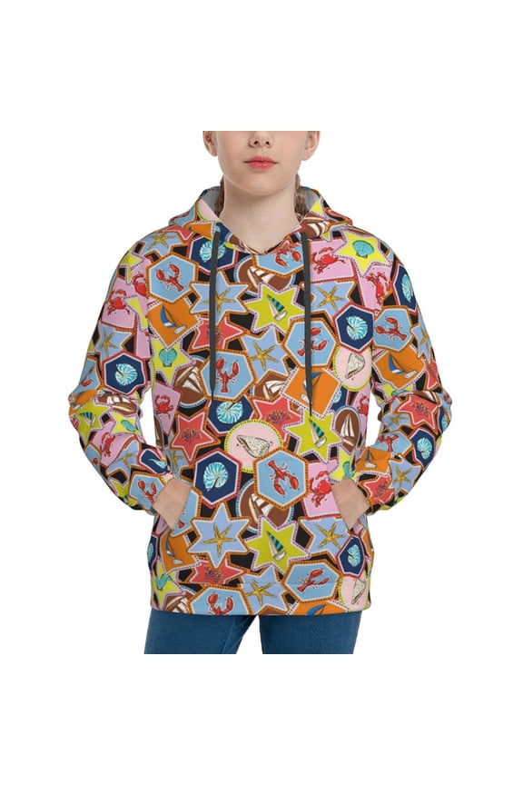 Beach Life Pattern Boys Hoodie, Youth Pullover Hooded Sweatshirt, Kangaroo Pocket Hoodie for Kids-Large