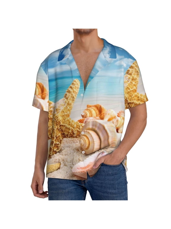 Beach Starfish Shell Pattern Men's Short Sleeve Classic Shirt, Casual Short-Sleeved Shirt, Lightweight Summer Shirt, Cuban Collar Shirt,Button-Front Shirt-Medium