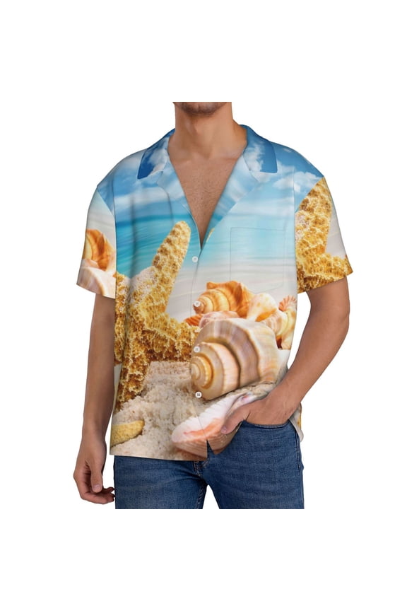 Beach Starfish Shell Pattern Men's Short Sleeve Classic Shirt, Casual Short-Sleeved Shirt, Lightweight Summer Shirt, Cuban Collar Shirt,Button-Front Shirt-Medium
