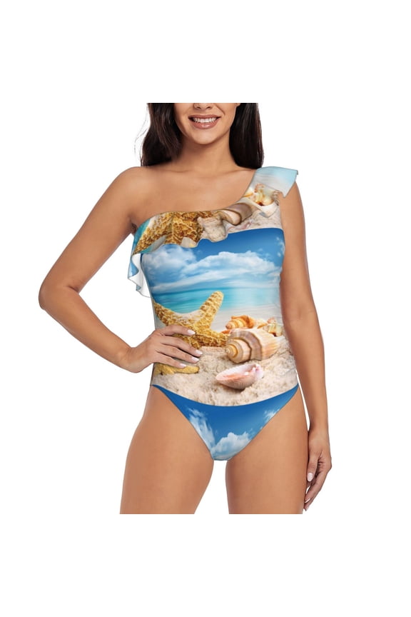 Beach Starfish Shell Pattern Women One Piece Swimsuits Tummy Control One Shoulder Bathing Suits Ruffle Swimwear-X-Large