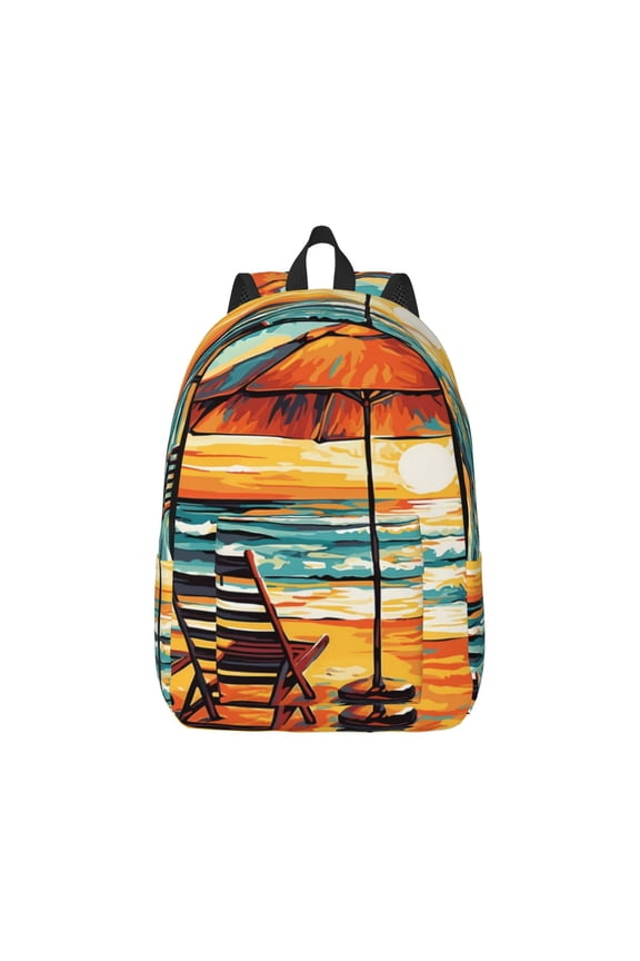 Beach Umbrella Sunset Pattern Canvas College Laptop Backpack,Travel Daypack,Durable Rucksack Travel Notebook Bag School Backpack Book Bag for Men Women-Medium