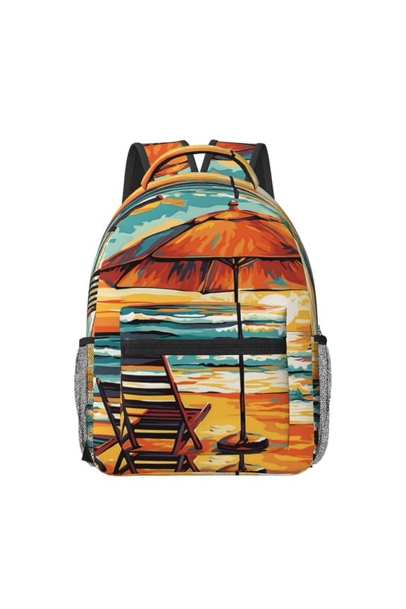 Beach Umbrella Sunset Pattern Durable Student Backpack Laptop Bag- Ergonomic Design, Waterproof Twill Fabric - Ideal for School, Travel, and Outdoor Activities-One Size