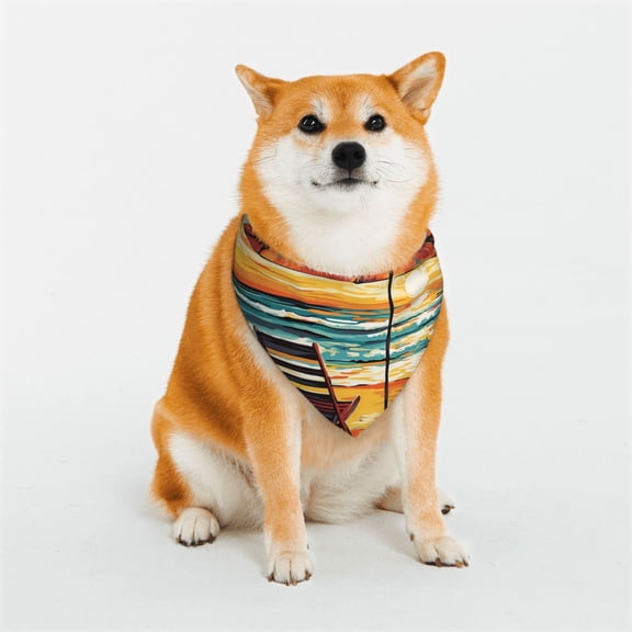 Rateoe Beach Umbrella Sunset Print Pet Scarf for Dogs and Cats – Stylish Reflective Design, Breathable & Durable Pet Bandana with Quick-Release Buckle-Small