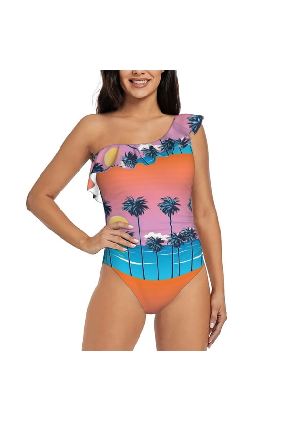Beach with Palm Trees Pattern Women One Piece Swimsuits Tummy Control One Shoulder Bathing Suits Ruffle Swimwear-Large