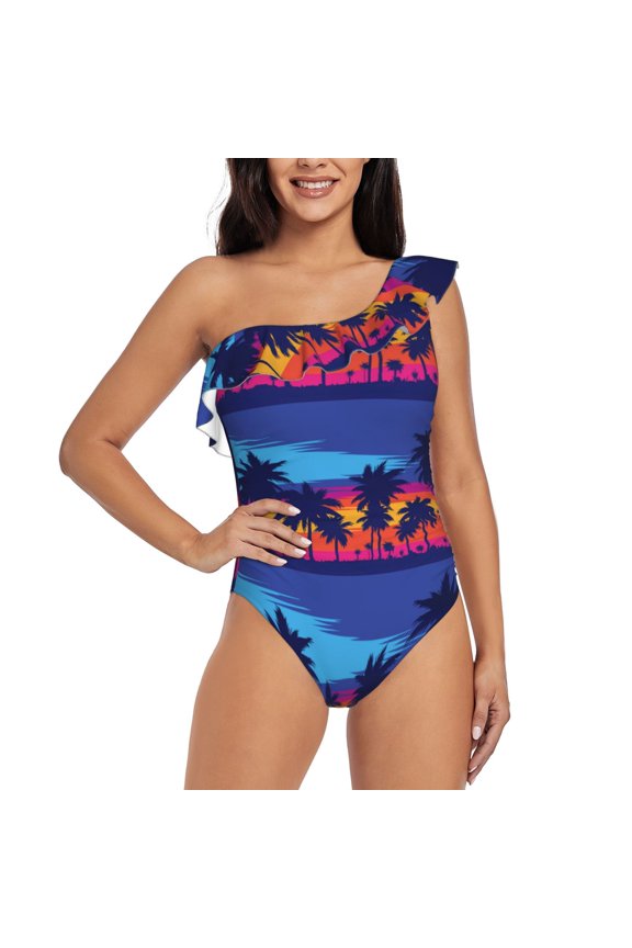 Beach with Palm Trees Pattern Women One Piece Swimsuits Tummy Control One Shoulder Bathing Suits Ruffle Swimwear-Medium