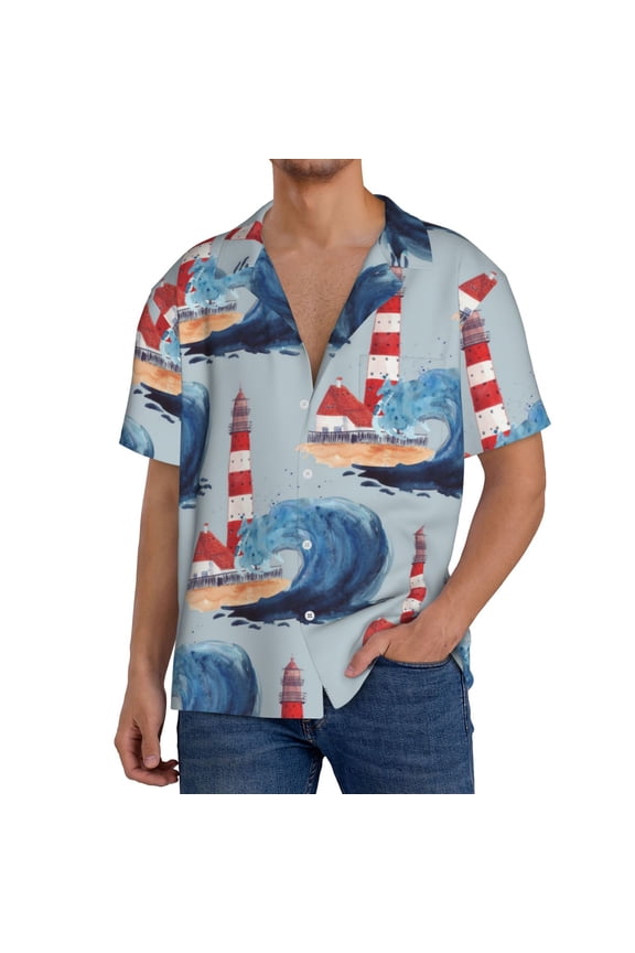 Beacon In The Huge Waves Of The Surf Print Mens Front Pocket Hawaiian Shirts Casual Shirts Short Sleeve Button Down Beach Tropical Shirts-Large