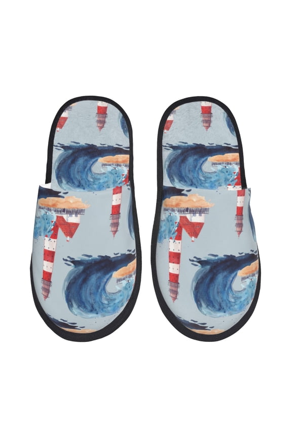 Beacon In The Huge Waves Of The Surf Pattern Fuzzy Slippers Fuzzy Soft House Slippers Plush Furry Warm Cozy Open Toe Fluffy Home Shoes-Large