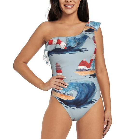 Rateoe Beacon In The Huge Waves Of The Surf Pattern Women One Piece Swimsuits Tummy Control One Shoulder Bathing Suits Ruffle Swimwear-XX-Large