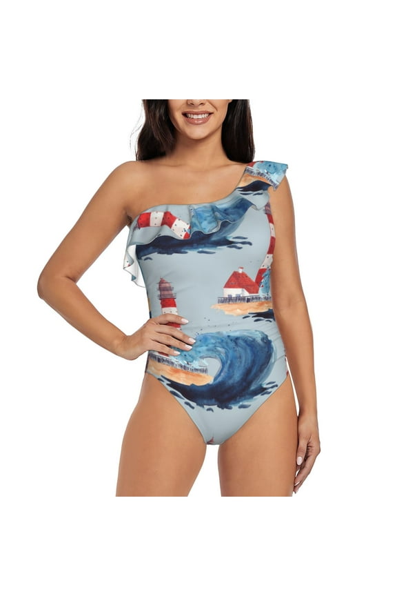 Beacon In The Huge Waves Of The Surf Pattern Women One Piece Swimsuits Tummy Control One Shoulder Bathing Suits Ruffle Swimwear-
