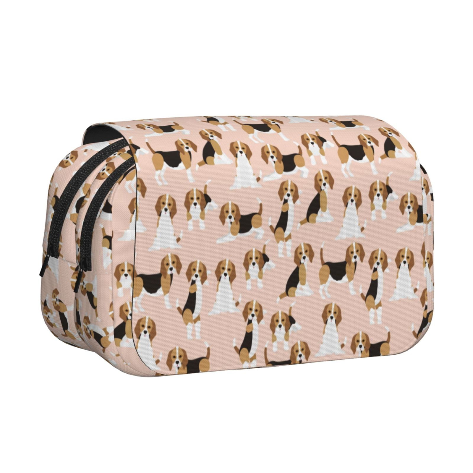 Rateoe Beagle Dog On Brown Pattern Double Clamshell Pen Case, Storage Organizer with Two Zipper Compartments– Holds Up to 50 Pencils & Pens