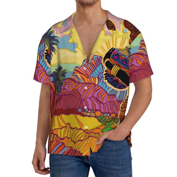 Rateoe Beautiful African Woman Pattern Men's Short Sleeve Classic Shirt, Casual Short-Sleeved Shirt, Lightweight Summer Shirt, Cuban Collar Shirt,Button-Front Shirt-X-Large