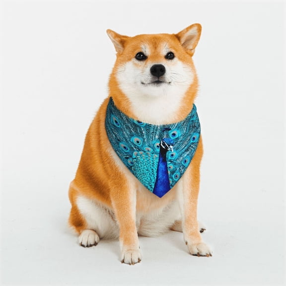 Rateoe Beautiful Blue Peacock Print Pet Scarf for Dogs and Cats – Stylish Reflective Design, Breathable & Durable Pet Bandana with Quick-Release Buckle-Small