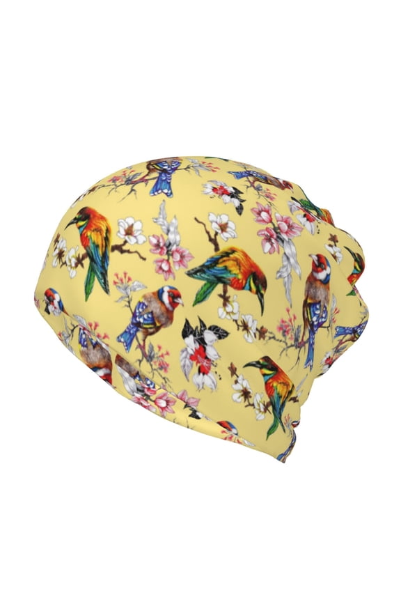 Beautiful Bright Birds And Flowers Cotton Slouchy Beanie Hat for Men/Women,Lightweight Oversize Large Thin Skull Cap Night Sleeping Cap