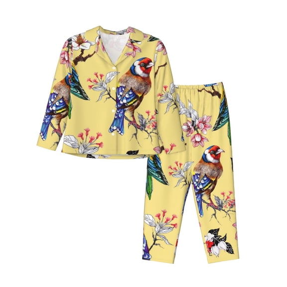 Rateoe Beautiful Bright Birds And Flowers Pattern Womens Pajamas Set Long Sleeve Sleepwear Button Down Nightwear Soft Cotton Pj Lounge Sets