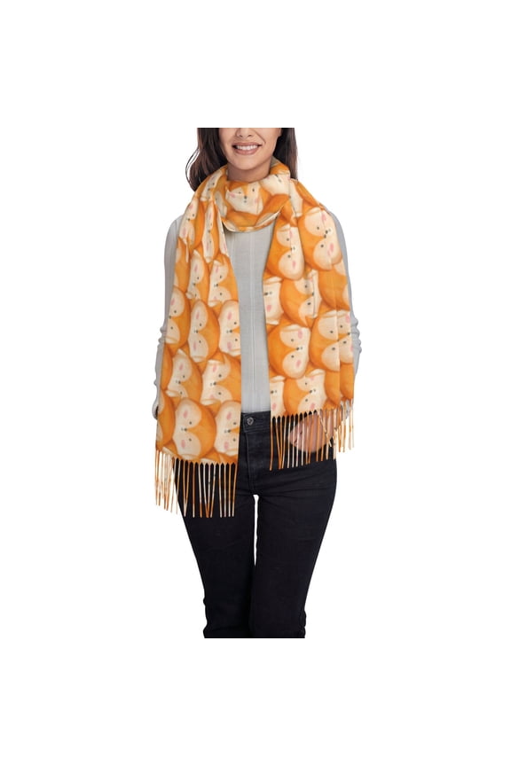 Cute Fox Faces Pattern Women's Traditional Scarf Wrap Tassel Shawl Fringes Neck Head Shawl Retro Scarf