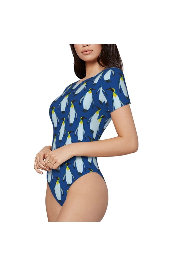 Beautiful King Penguin Pattern Printed Women Rash Guard Short Sleeve,Tummy control Swimsuit Surfing Swimsuit Bathing Suit Short-sleeved Onesie UPF 50+