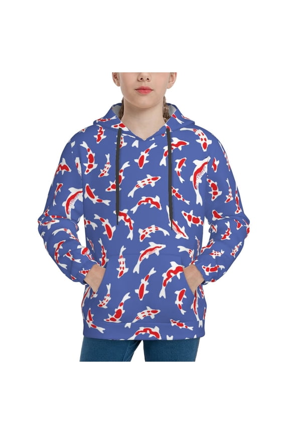 Beautiful Koi Fish Pattern Boys Hoodie, Youth Pullover Hooded Sweatshirt, Kangaroo Pocket Hoodie for Kids-Large