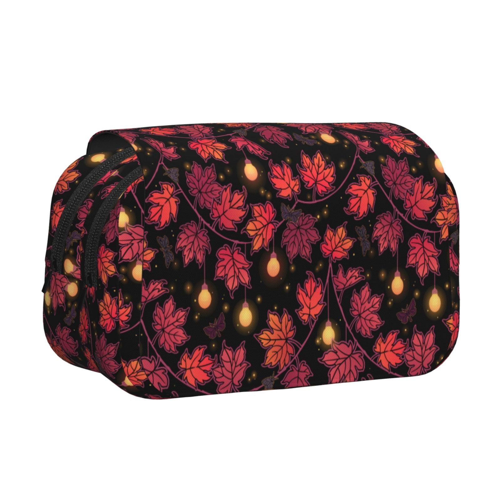 Rateoe Beautiful Maple Leaf Lantern Pattern Double Clamshell Pen Case, Storage Organizer with Two Zipper Compartments– Holds Up to 50 Pencils & Pens
