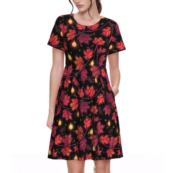 Rateoe Beautiful Maple Leaf Lantern Pattern Women’s Short Sleeve Dress – Casual Elegant Summer A-Line Dress for Everyday Wear