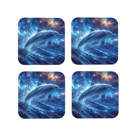 Rateoe Beautiful Ocean Dolphin Drawing Drink Coasters Set of 4 Leather Coasters Spill Protection for Table Desk,Durable and Non Slip Leather Coaster ,4 Inches Drink Mats-Square